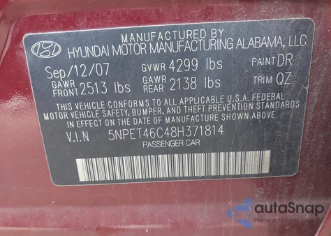 2008 Hyundai Sonata Gls from USA, damaged, VIN 5NPET46C48H371814